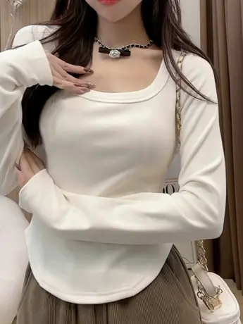 短款长袖t恤女2023新款春秋装冬季白色内搭打底衫气质甜辣小上衣商品大图