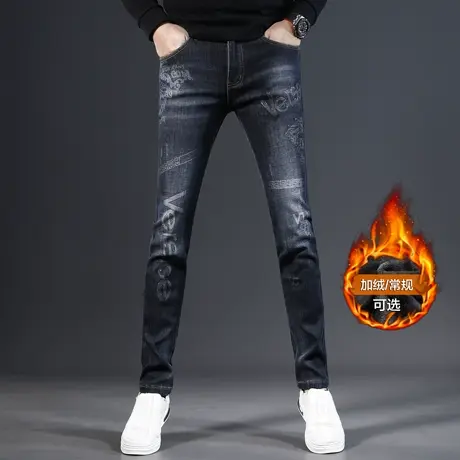 高端加绒牛仔裤男冬季修身小脚2023新款爆款弹力加厚男士裤子印花商品大图
