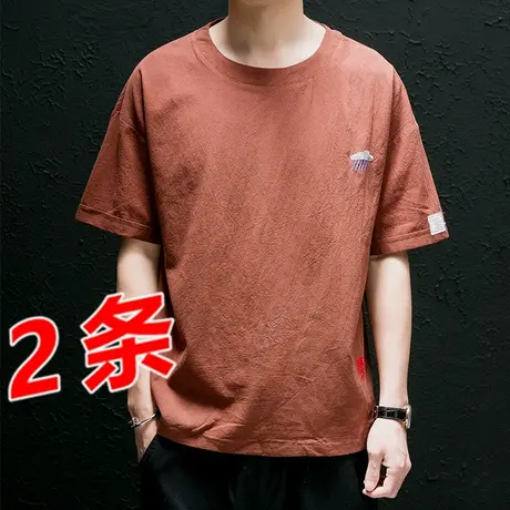 潮牌夏季棉麻短袖t恤男中国风宽松加肥加大码亚麻圆领刺绣打底衫商品大图
