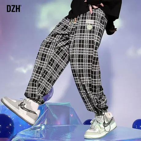 男生黑白格子裤子男秋季休闲裤潮流百搭运动裤潮牌抽绳束脚裤男裤图片