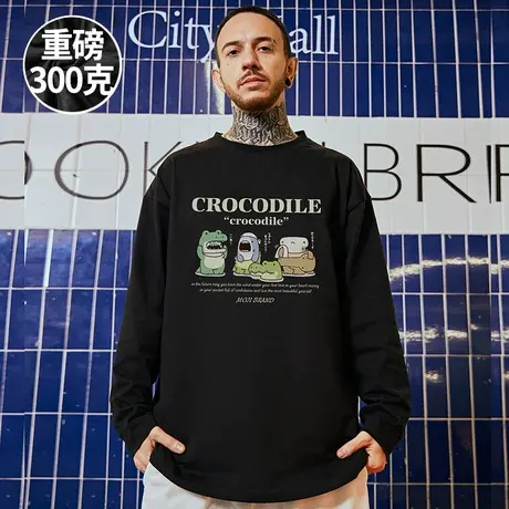 春秋美式卡通潮牌内搭打底300g重磅休闲白色纯棉长袖t恤大码男装商品大图