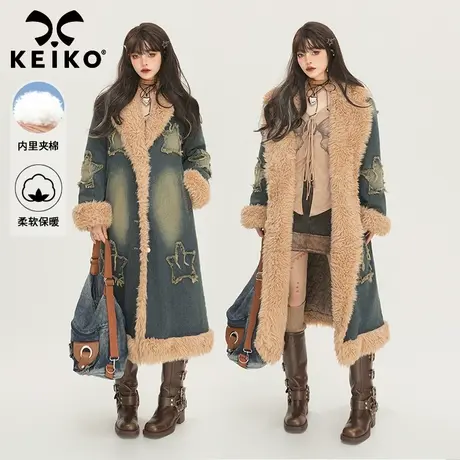 KEIKO [夹棉]复古羊羔毛拼接牛仔大衣冬季高级感长款毛毛棉服外套图片