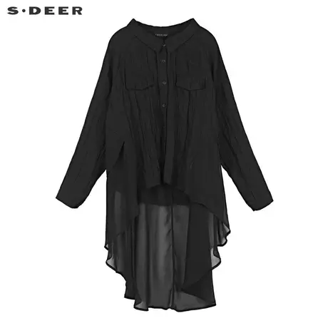 sdeer圣迪奥2019秋装女休闲翻领肌理拼接字母黑衬衫S19180525图片