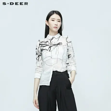 sdeer圣迪奥夏季翻领水墨涂鸦印花微透长袖衬衫S20280506图片