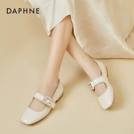 达芙妮法式玛丽珍鞋女2022春季新款一字带平底白色方头夏季小皮鞋图片