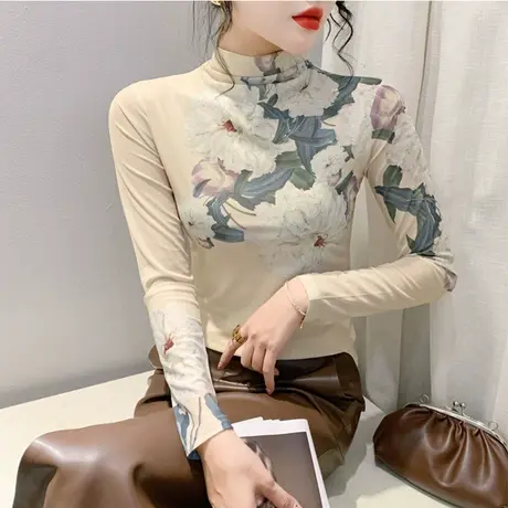 设计感半高领打底衫女长袖网纱印花时尚洋气减龄内塔上衣修身T恤商品大图