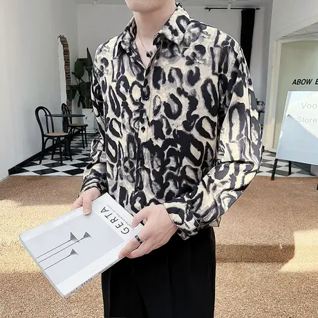 秋季ins时尚复古垂感豹纹印花长袖衬衫男宽松高级感休闲个性衬衣商品大图