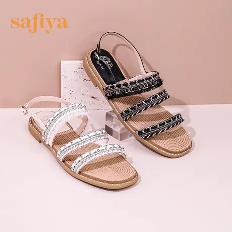 Safiya/索菲娅夏季新品露趾一字带气质闪钻仙女小香风凉鞋商品大图
