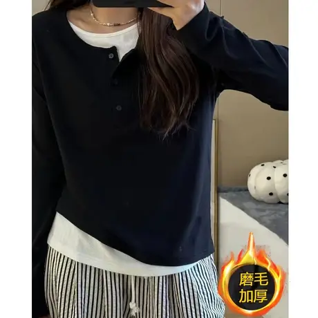 假两件磨毛打底衫女2024秋冬大码宽松显瘦法式撞色别致内搭上衣潮图片