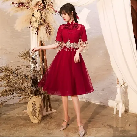 中式敬酒服2020新款新娘礼服中国风秀禾服结婚小个子酒红色中长款商品大图