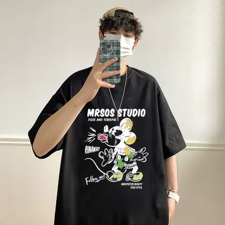 纯棉宽松短袖t恤男夏季新款涂鸦米奇圆领体恤衫潮流薄款透气上衣图片