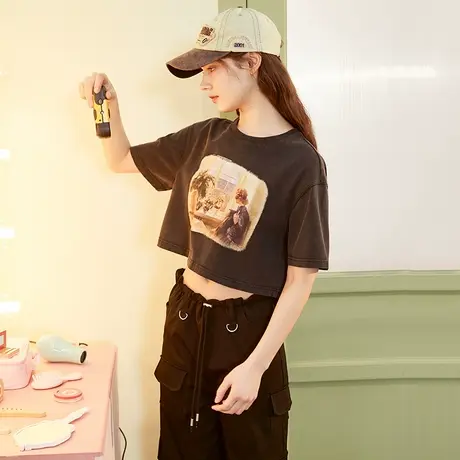 唐狮2023夏季新款圆领短袖T恤女美式复古潮短款上衣水洗做旧效果x商品大图