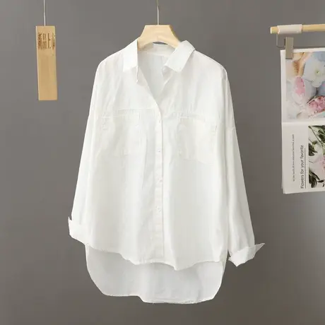 前短后长休闲白衬衫女中长款宽松早春纯棉白色衬衣薄外套外搭上衣图片