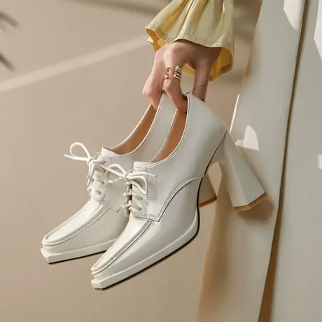 超高跟鞋女春季深口系带10cm粗跟单鞋女鞋2024新款春秋小皮鞋女款图片