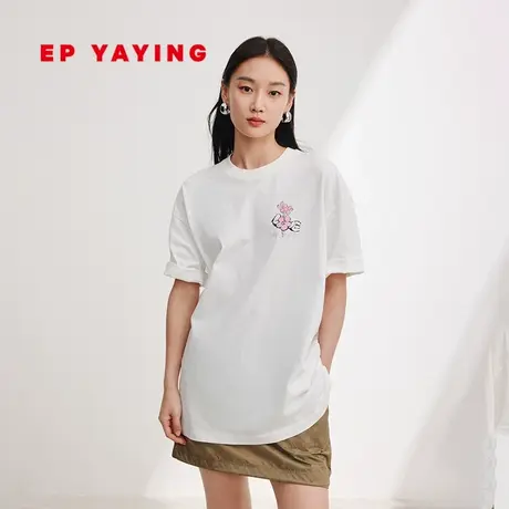 EP YAYING雅莹女装 印花宽松白色纯棉短袖t恤 2024早春新款5341A图片