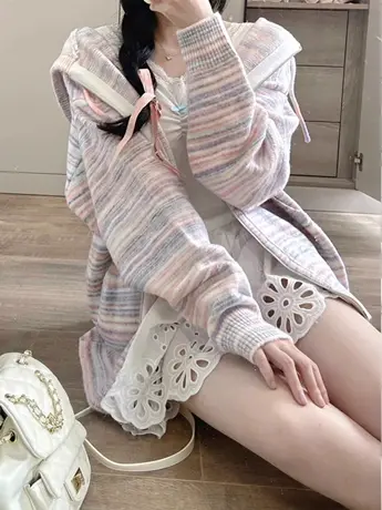 连帽毛衣外套女春秋薄款小众设计感宽松甜美粉色日系条纹开衫上衣图片