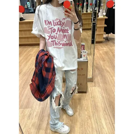 纯棉设计感短袖t恤女夏季新款小众宽松港风chic半袖上衣洋气减龄商品大图