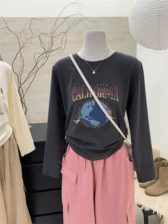 美式复古印花长袖t恤女春季新款韩版宽松休闲百搭打底衫百搭上衣商品大图