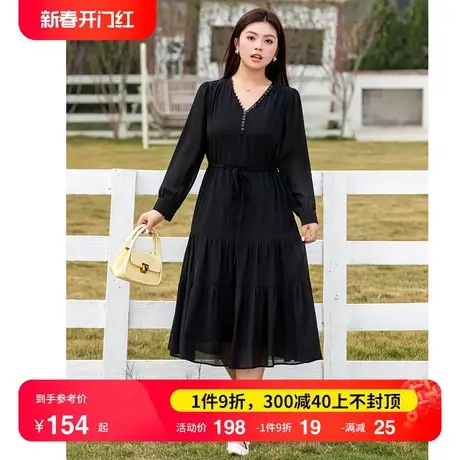 2024春装新款大码女装V领显瘦胖MM连衣裙长袖法式气质雪纺小黑裙图片