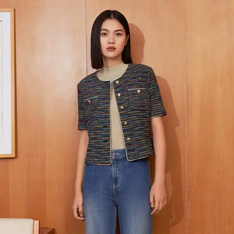 LANCY/朗姿秋冬新款短袖圆领小香风针织开衫女短款彩色条纹洋气商品大图