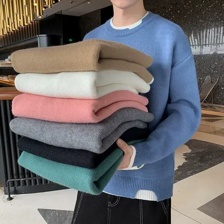 新款秋冬男士毛衣圆领潮流纯色针织衫假两件撞色休闲线衣加厚男装商品大图