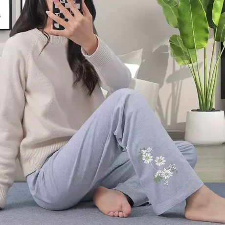 宽松不勒睡裤单条棉质家居裤灰色阔腿裤女薄商品大图