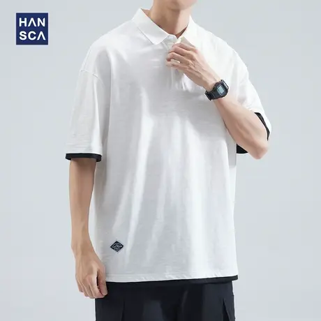 hansca竹节棉假两件短袖POLO衫男夏季重磅刺绣翻领宽松大码上衣服商品大图
