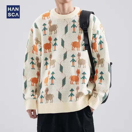 hansca日系羊驼卡通印花毛衣男士冬季潮牌圆领宽松慵懒套头针织衫商品大图
