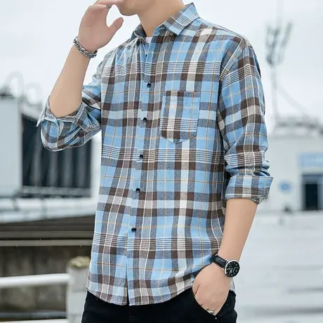 格子长袖衬衫男休闲棉打底小衫高初中学生寸衫大码薄款校园风衬衣图片