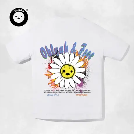 Ohlyah设计师原创卡通品牌字母菊花图案针织圆领短袖男女情侣T恤图片