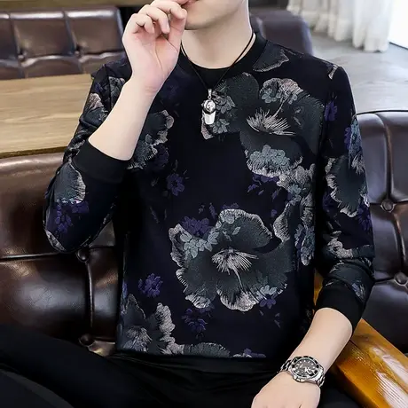 潮流男士长袖t恤潮牌ins打底衫新款烫金体恤秋季学生帅气印花卫衣商品大图