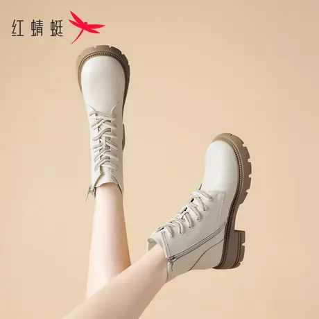 红蜻蜓加绒马丁靴女2023新款秋冬高跟真皮短靴厚底增高小个子靴子商品大图