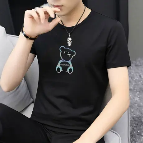 莫代尔短袖t恤男圆领冰丝冰感半袖上衣服男夏季潮流小熊印花体恤商品大图