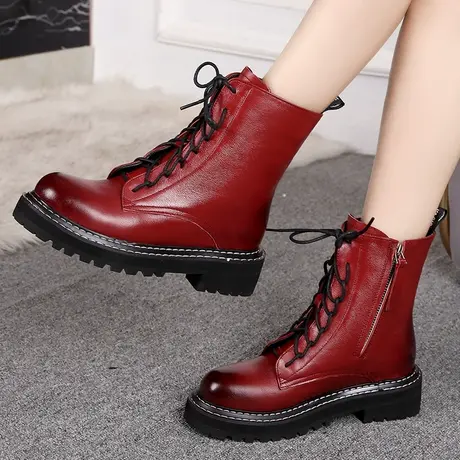 2023新款全牛皮大码马丁靴女英伦风41-43平底秋季短靴厚底棉靴子图片