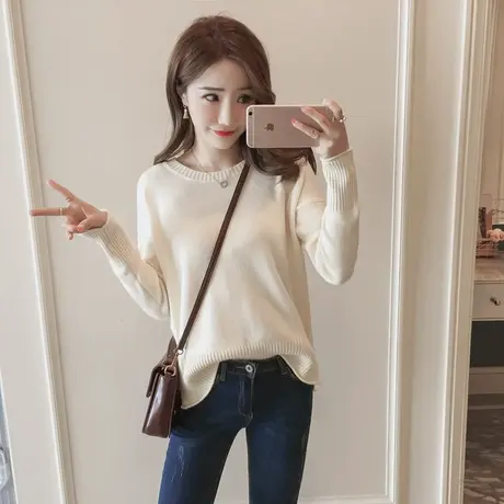 2023秋冬新款长袖打底针织衫上衣女韩版宽松短款套头毛衣圆领学生商品大图