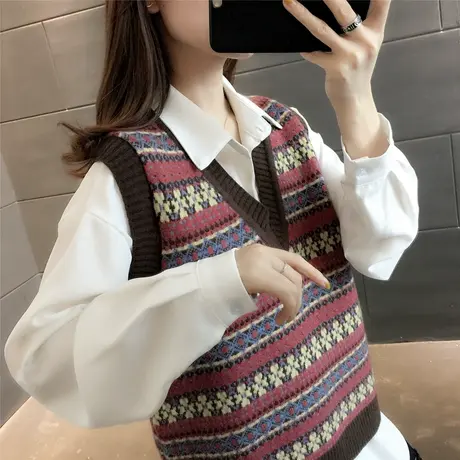 文艺范提花V领针织背心女马甲秋装新款无袖毛衣坎肩套头马夹上衣商品大图