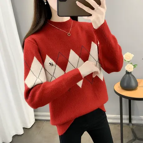 半高领毛衣女洋气秋冬2023年新款宽松菱形套头加厚针织打底衫上衣商品大图