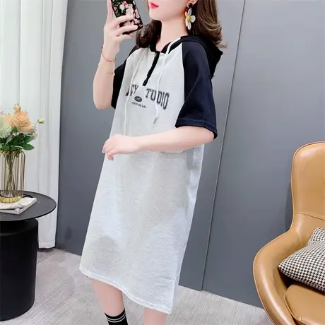 连帽休闲短袖T恤裙女夏季2023年新款中长款过膝港味复古chic裙子图片