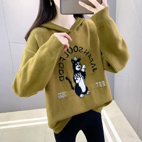 春装2023年新款连帽套头长袖针织卫衣女韩版宽松休闲纯色简约毛衣图片