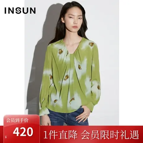 恩裳COVER2023春款新款复古浪漫褶皱V领印花上衣柔软舒适真丝衬衫图片