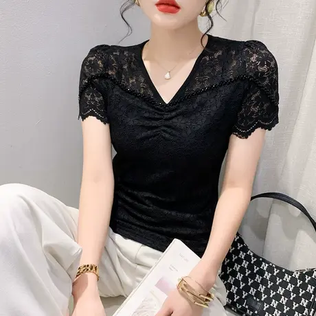 黑色蕾丝上衣女短袖2023夏季新款性感V领紧身T恤百搭洋气钉珠小衫图片