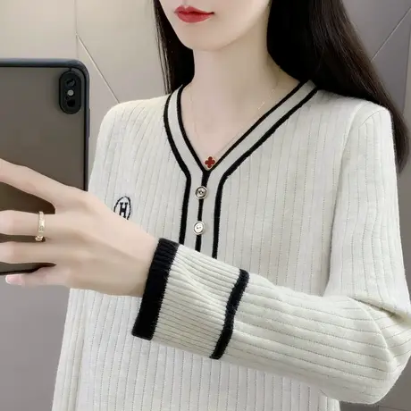 v领针织衫女2023早秋新款薄款洋气打底衫初秋外穿套头百搭上衣女商品大图