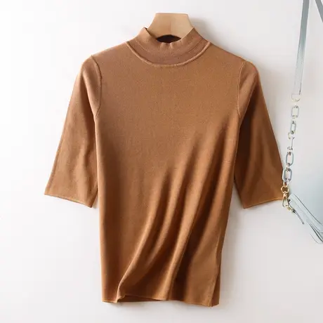 桑蚕丝莱赛尔半高领修身针织衫中袖套头港风复古气质内搭打底衫女商品大图