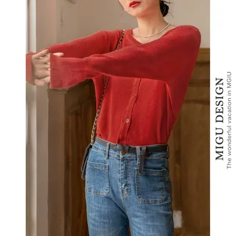 弥古复古红色针织衫上衣女春秋季长袖薄款法式小坎肩外搭开衫外套图片