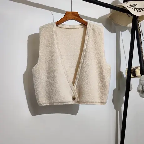 针织马甲开衫女春秋新款韩版慵懒风宽松v领短款无袖毛衣背心外套商品大图