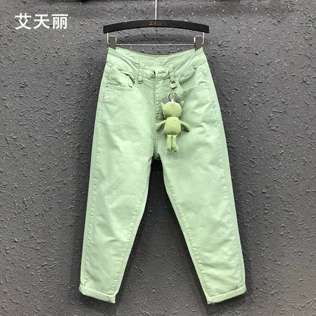 薄荷绿糖果色老爹裤欧货女春夏新款宽松显瘦休闲微垮牛仔哈伦裤潮图片
