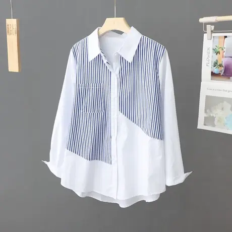 2023春装新款小清新条纹拼接衬衫女长袖显瘦百搭叠穿衬衣上衣潮商品大图
