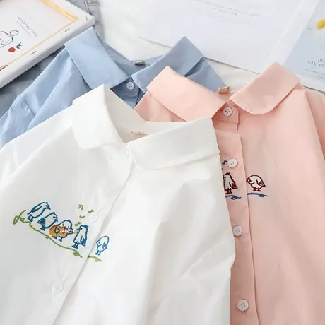 文艺小清新女士衬衫棉质长袖纯棉外穿百搭洋气刺绣2020春新款衬衣商品大图