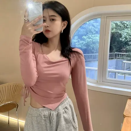 纯欲bm风设计感抽绳吊带长袖T恤女不规则高腰打底小衫体恤短上衣商品大图