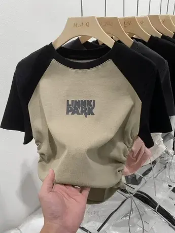 美式插肩短袖t恤女夏季正肩修身显瘦设计感小众辣妹短款抽绳上衣商品大图